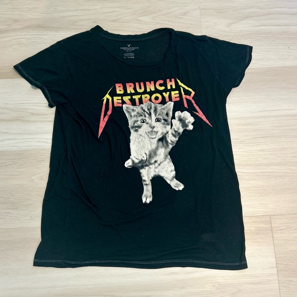 American Eagle Outfitters Black 'Brunch Destroyer' Cat Tee Size XL